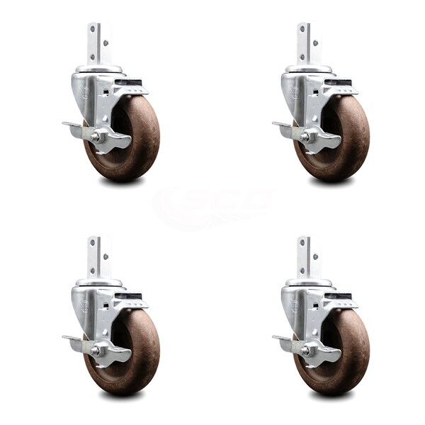 4 Inch High Temp Glass Filled Nylon 7/8 Inch Square Stem Caster Set with Brake